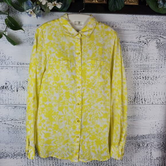 Charter Club Yellow Floral Linen Blouse Size M Coastal Resort Preppy Grandmother - Picture 1 of 11